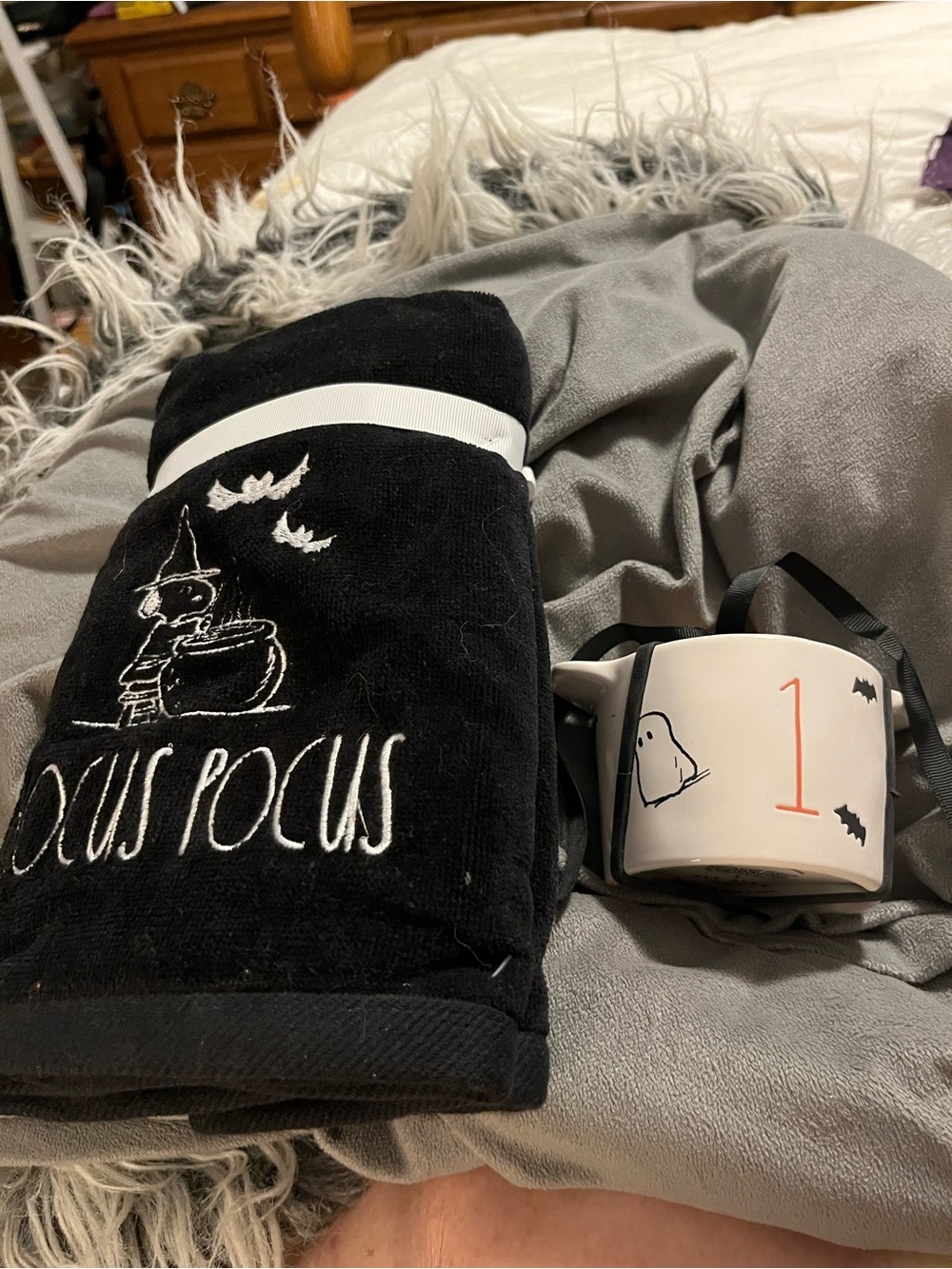 Rae Dunn Black 'Hocus Pocus' Embroidered towels and measuring cup set